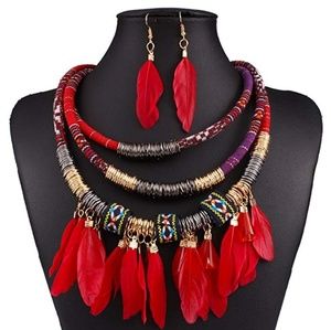 Red feather jewelry set